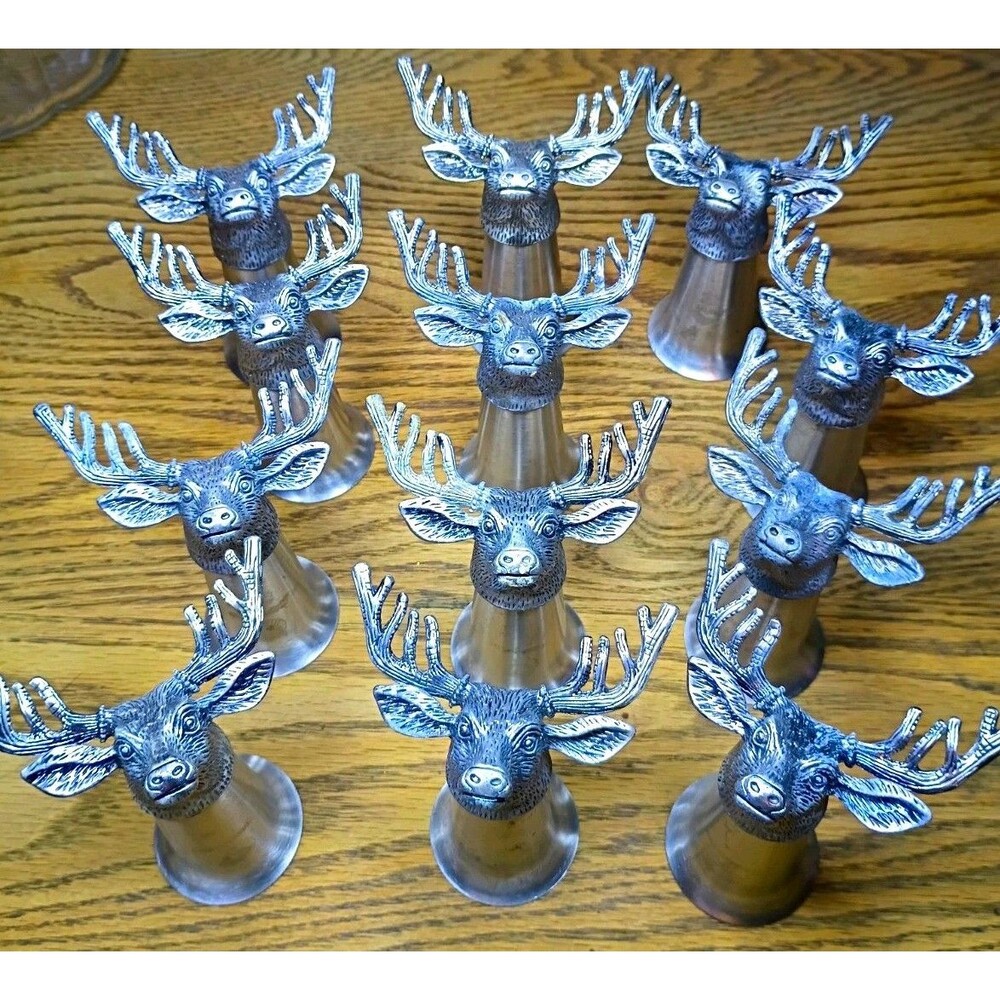Set of 12 Jaegermeister Pewter Deer Head Stag Novelty Shot Glasses, Barware